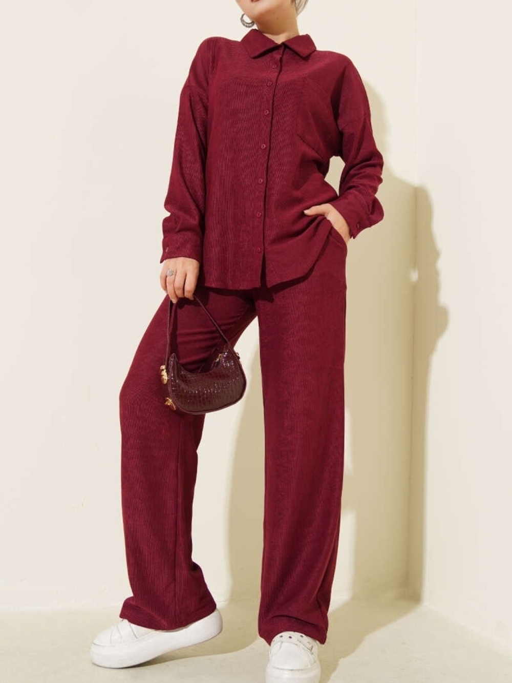 Two Piece Modest Burgundy Ribbed Pocket Shirt Set XXL - Picture 1 of 8